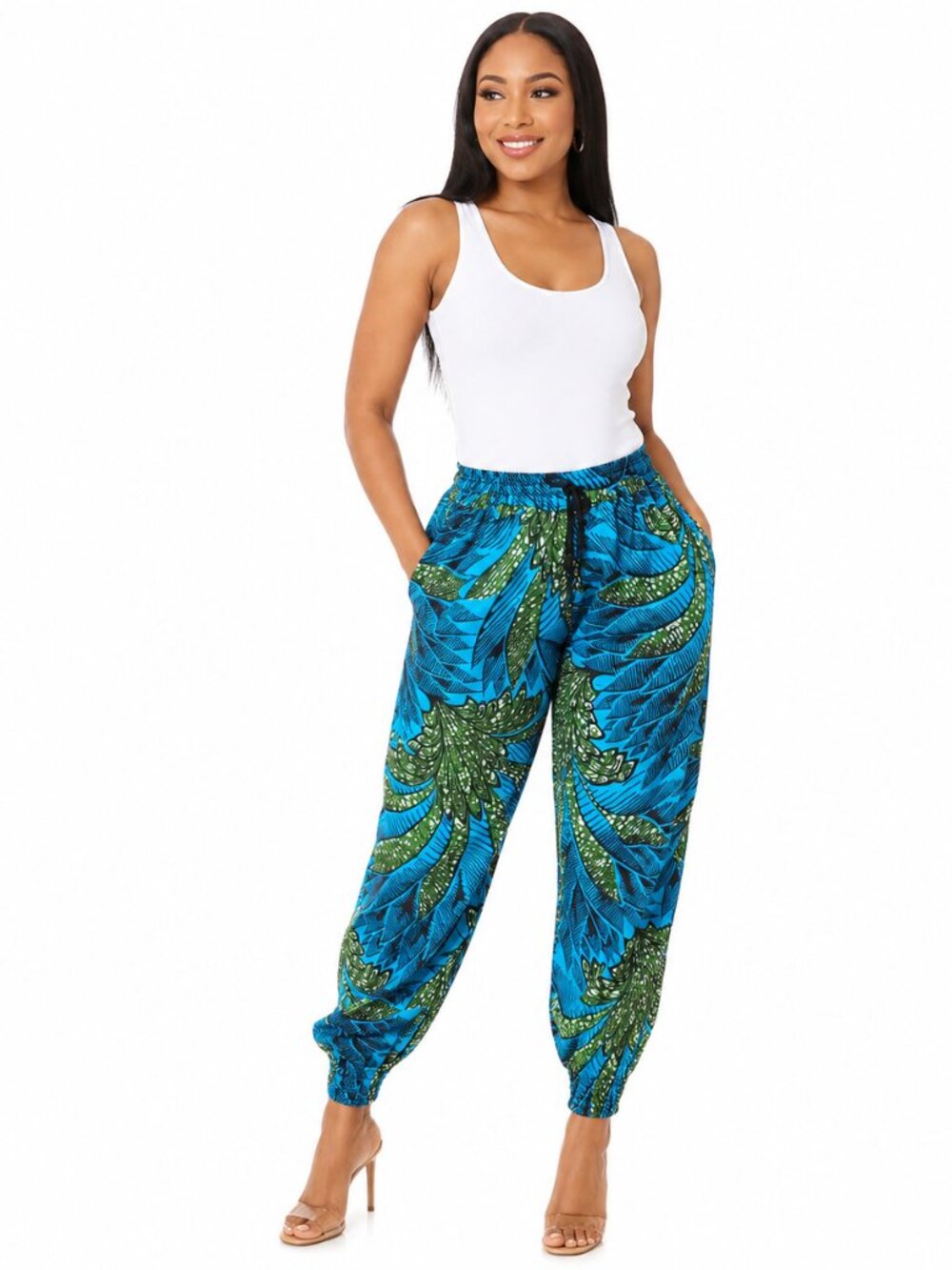 Women's African Print Pants - Casual Boho Cotton Elastic Waist Pockets Harem